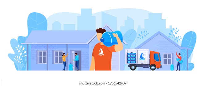 Water delivery service vector illustration. Cartoon flat man courier character holding big bottle with clean water, delivering plastic blue container to home or office on truck van isolated on white