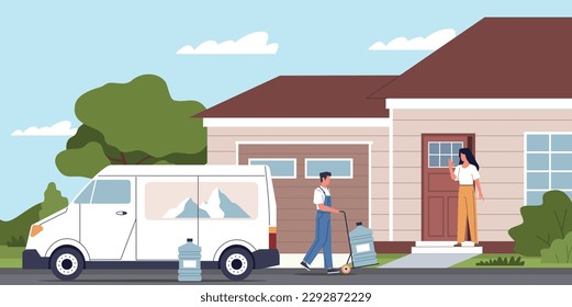 Water delivery service. Worker delivers plastic bottle of drinking water for cooler, truck near house, courier unloading and moving, cartoon flat isolated illustration, nowaday vector concept