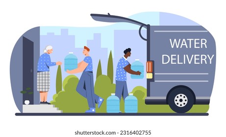 Water delivery vector concept. Men carrying large bottles of liquid for grandmother. Online shopping and home delivery. Logistics and transportation. Cartoon flat illustration