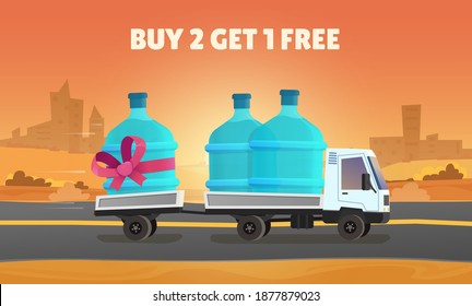 Water delivery vector illustration. Discount special offer deliver drinking water. Truck shipping water tanks on road on evening cityscape background