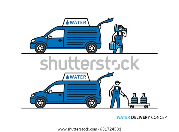 Water delivery vector\
illustration. Workers with potable water bottles and car graphic\
design.\
