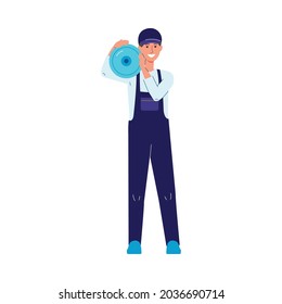 Water delivery worker holding blue plastic cooler bottle on his shoulder and smiling - cartoon man in cap and uniform. Flat vector illustration isolated on white background.