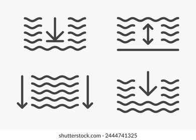 Water depth icon set. Deep icon vector in linear. Linear water depth icon with arrows.