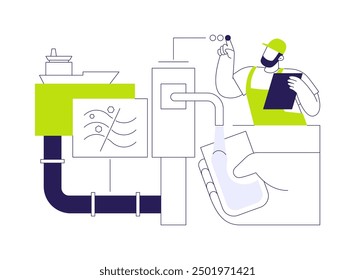 Ilustración vectorial de concepto abstracto de desalinización de agua. La persona toma un vaso de agua, ecología del medio ambiente, planta de desalinización por ósmosis inversa, metáfora abstracta del sistema de purificación.