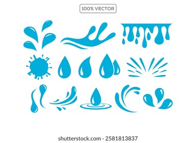water design element, drop, splash set icons vector