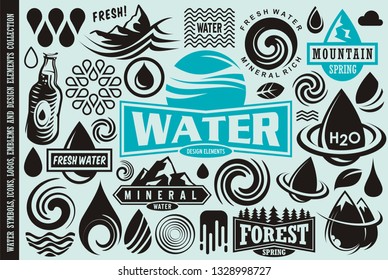 Water design elements collection. Water drops icons, symbols, logos, emblems and badges vector set.