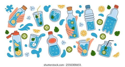 Water detox. Recycle bottle, drink in glass. Hand holding cup. Useful jug, jar and container, mint and lemon. Linear h2o illustration, lemonade drawing. Vector cartoon flat style isolated tidy set