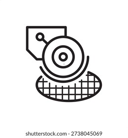 Water dicing saw icon. Semiconductor manufacturing and wafer processing, representing diamond blade cutting, microchip singulation, silicon die separation, and precision cooling fluid systems.