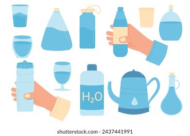 Water in different bottles, jug, glasses set isolated on white background. Fresh clean beverages with sparkling and still. Drink more water. Stay hydrated. Vector flat illustration.