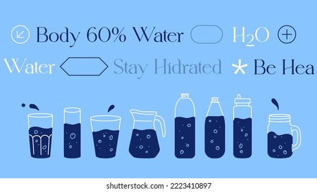 Agua en diferentes contenedores patrón de banner. Gafas con agua de burbuja. Ilustración plana y lineal moderna. Diseño del explicador de vectores. Estilo de vida saludable. Relación de aspecto horizontal.