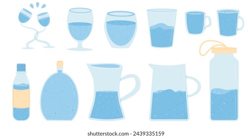 Water in different containers set isolated on white background. Fresh clean beverages with sparkling and still. Drink more water. Stay hydrated. Vector flat illustration.