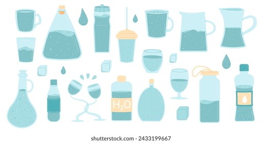 Water in different glassware containers and bottles set isolated on white background. Fresh clean beverages with sparkling and still. Drink more water. Stay hydrated. Vector flat illustration.