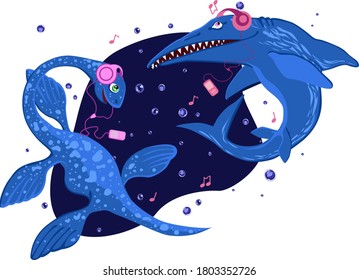 Water dinosaurs. Ichthyosaurus and plesiosaurus. Dinosaurs listening to music with headphones. Vector color illustration.