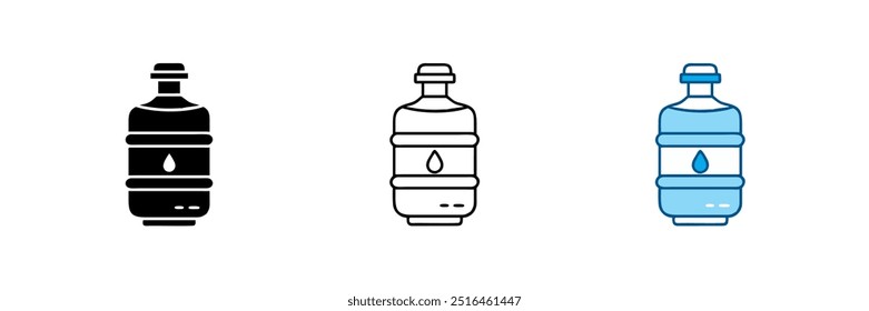 Water dispenser bottle vector sign featuring clean, pure mineral water bottles and plastic gallon illustrations. Flat icon set on a white background, ideal for hydration and water supply visuals.