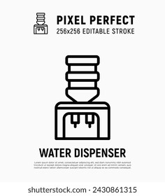 Water dispenser, cooler thin line icon. Purified water for office. Editable stroke. Vector illustration.