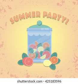 Water dispenser of lemon, orange, grapefruit and mint infused water. 'Summer party ' poster in vintage style. Vector illustration.