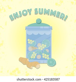 Water dispenser of lime, ginger and honey infused water. 'Enjoy summer' poster in vintage style. Vector illustration.