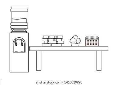 water dispenser and table with books, decorative plant and calendar on it black and white vector illustration graphic design