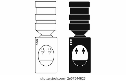 Icono de Vector del dispensador de agua en el contorno y la silueta, estilo sólido, mostrando la vista frontal con la botella, los caños y el panel de control. Ideal para ilustraciones de salud, oficina y electrodomésticos