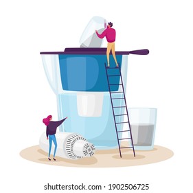 Water Domestic Filtration, Purification Concept. Tiny Male and Female Characters Installing Membrane in Huge Aqua Filter Jug for Cleaning Liquid for Drinking. Cartoon People Vector Illustration