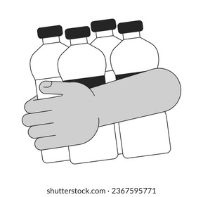 Water donation flat line concept vector spot illustration. Volunteering. Water in bottle 2D cartoon outline hand on white for web UI design. Editable isolated color hero image