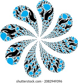 La explosión del icono de la mano de donación de agua revive la forma de los fuegos artificiales de las flores. Explosión centrífuga de turbinas compuesta usando símbolos dispersos de la mano de donación de agua.