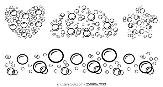 Water doodle bubbles of different shapes. Foam in the shape of heart and star. Border of linear gas bubbles.