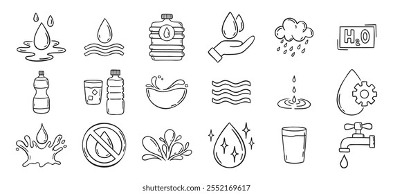 Water doodle hand drawn icons set. Water drawing sketch signs. Vector illustration