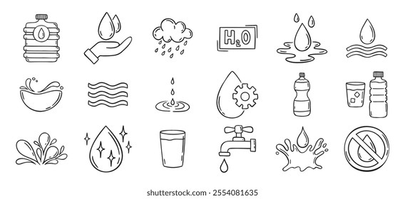 Water doodle hand drawn icons set. Water drawing sketch signs. Vector illustration