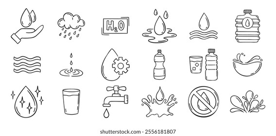 Water doodle hand drawn icons set. Water drawing sketch signs. Vector illustration