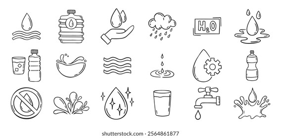 Water doodle hand drawn icons set. Water drawing sketch signs. Vector illustration