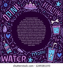 Water doodle illustration. Vector text template. Drink water