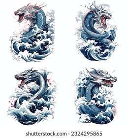 Water Dragon with waves vector pack