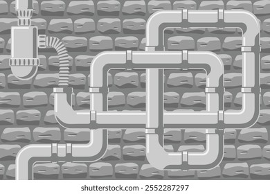 Water drain pipes against the background of a stone wall seamless vector pattern