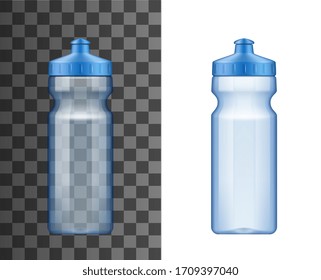 Water Drink Bottle Realistic Vector 3d Mockup. Empty Blue Plastic Container For Fitness Drink Or Energy Beverage, Reusable Flask With Push And Pull Cap On Transparent And White Background