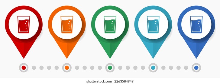 Agua, concepto de bebida conjunto de iconos vectoriales, punteros de vidrio de diseño plano, plantilla infográfica fácil de editar
