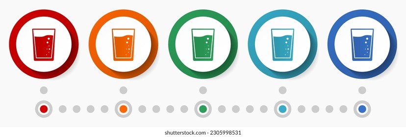 Water, drink concept vector icon set, infographic template, flat design circle colorful web buttons in 5 color options