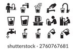 Water and drinking icons. hydration, pouring, filling, dispensing, healthy lifes