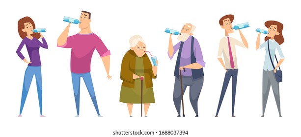 Water Drinking. People With Water Glasses Drinking Natural Liquid Food Sport Healthy Lifestyle Persons Vector Characters Set