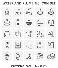 Water drinking and plumbing icon. Quality water appropriate for drinking result in good health. Plumbing tools include pipe wrench, toolkit box etc. Sanitary ware such as faucet and sink. Vector icon.