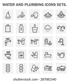 Water drinking and plumbing icon. Quality water appropriate for drinking result in good health. Plumbing tools include pipe wrench, toolkit box etc. Sanitary ware such as faucet and sink. Vector icon.