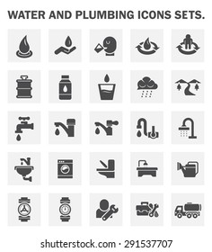 Water drinking and plumbing icon. Quality water appropriate for drinking result in good health. Plumbing tools include pipe wrench, toolkit box etc. Sanitary ware such as faucet and sink. Vector icon.