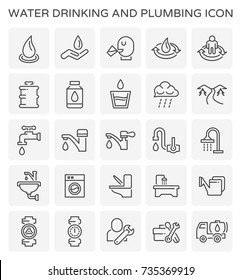 Water drinking and plumbing icon. Quality water appropriate for drinking result in good health. Plumbing tools include pipe wrench, toolkit box etc. Sanitary ware such as faucet and sink. Vector icon.