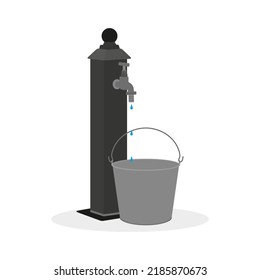 Water Dripping From A Street Water Column Into An Empty Bucket On A White Background