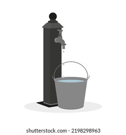 Water Dripping From A Street Water Column Into A Full Bucket On A White Background