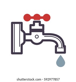 Grifo de goteo de agua con diseño plano de gota de agua aislado en fondo blanco. Ilustración vectorial del grifo dibujado a mano con icono de gota para infografía, sitio web o aplicación. Tema gráfico de estilo caricatura.