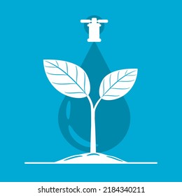 Water dripping from tap faucet to seeding tree white icon on blue background concept ecology and environment flat vector design.