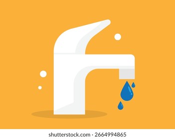 Goteo de agua de un estilo plano del grifo. Ahorro de recursos y Arte vectorial de equipos domésticos rotos