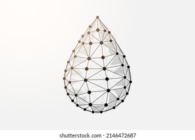 Water drop 3d low poly symbol with connected dots. Droplet, raindrop design vector illustration. Oil drop polygonal wireframe