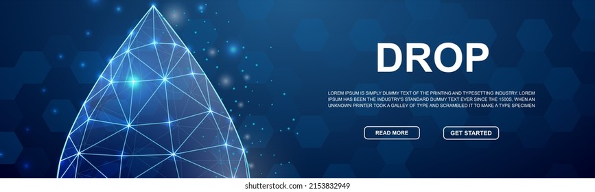 Water drop 3d low poly symbol for promotion banner. Droplet design template illustration concept. Horizontal polygonal Oil drop poster illustration
